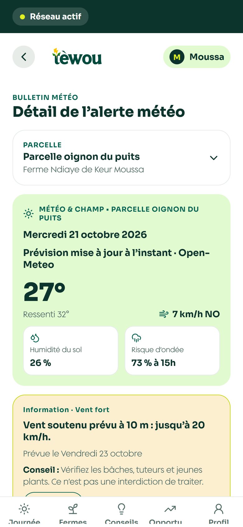 Écran d’une alerte météo dans Tèwou